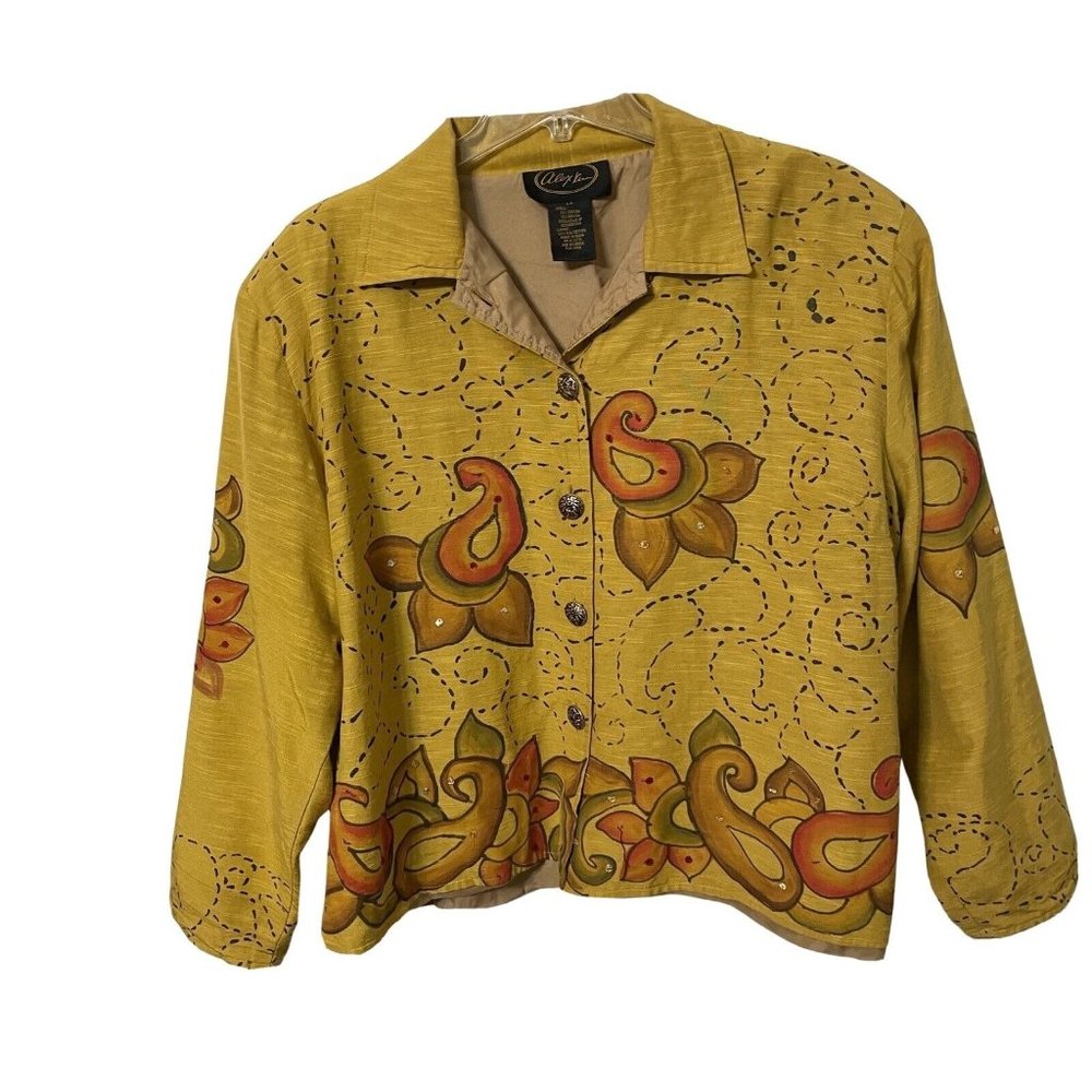 Vintage 90s Alex Kim Jacket Button Up 2X Golden Yellow Embellished Boho Lined Pl